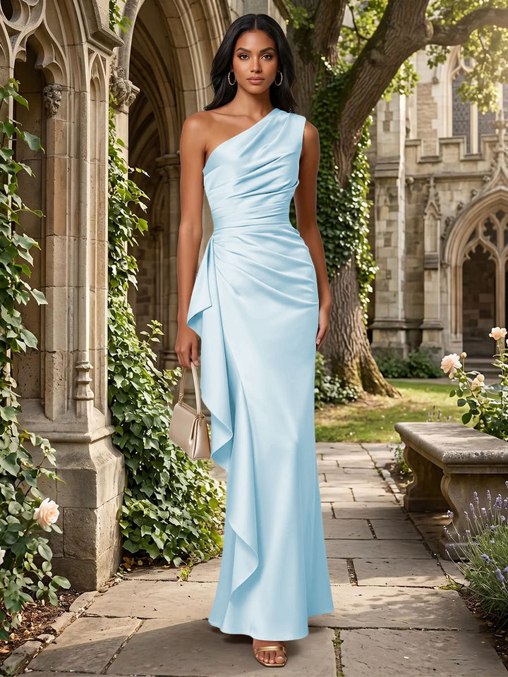 Satin Mermaid One Shoulder Ruffles Ruched Formal Dresses