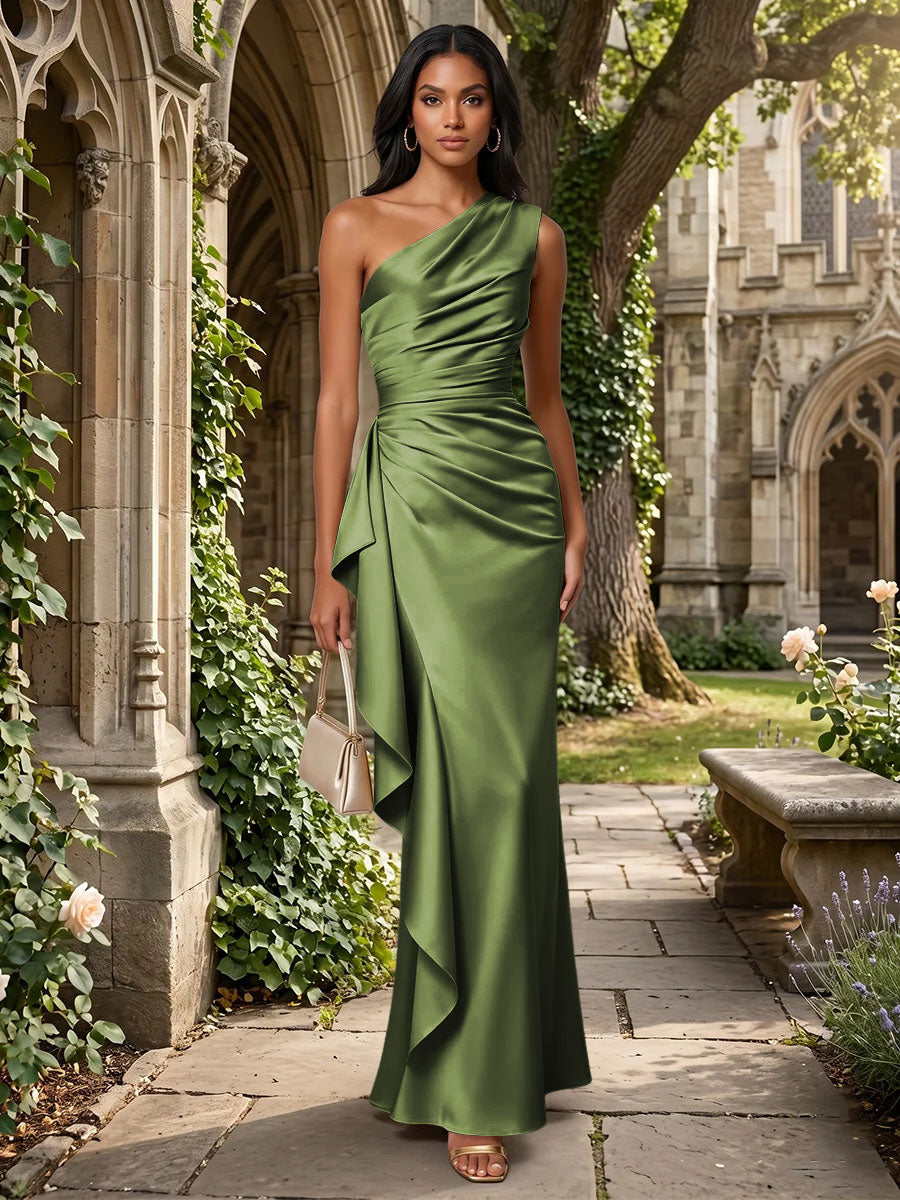Satin Mermaid One Shoulder Ruffles Ruched Formal Dresses