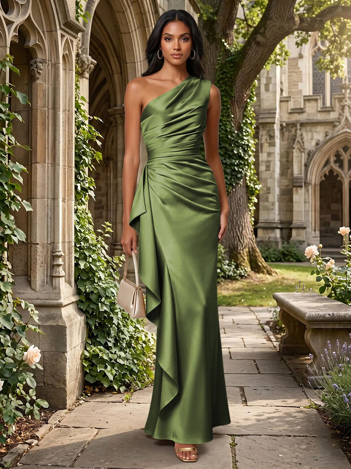 Satin Mermaid One Shoulder Ruffles Ruched Formal Dresses