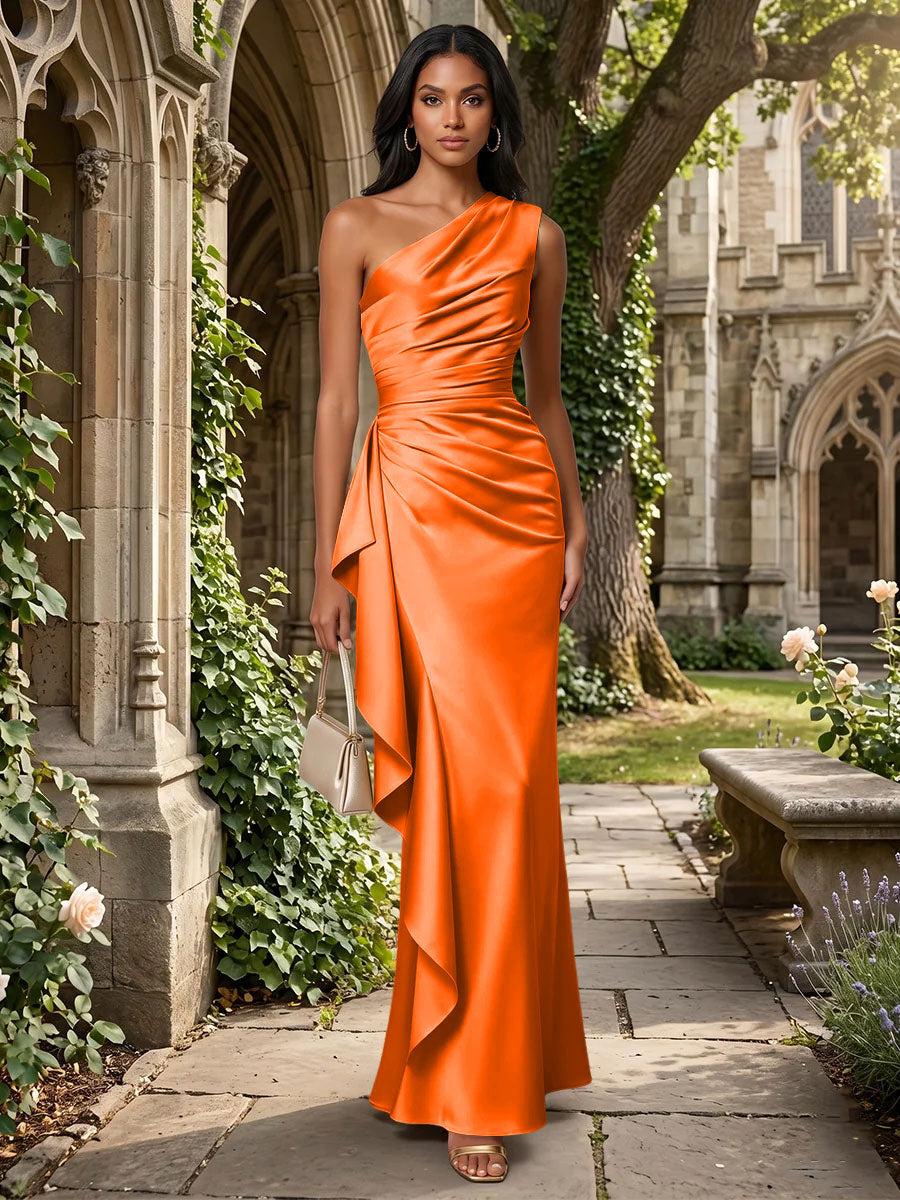 Satin Mermaid One Shoulder Ruffles Ruched Formal Dresses