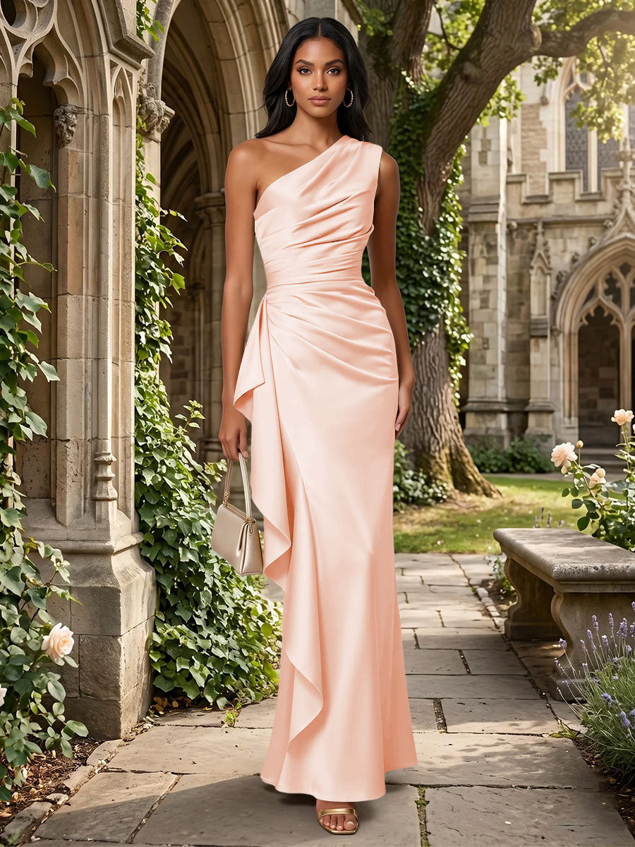 Satin Mermaid One Shoulder Ruffles Ruched Formal Dresses