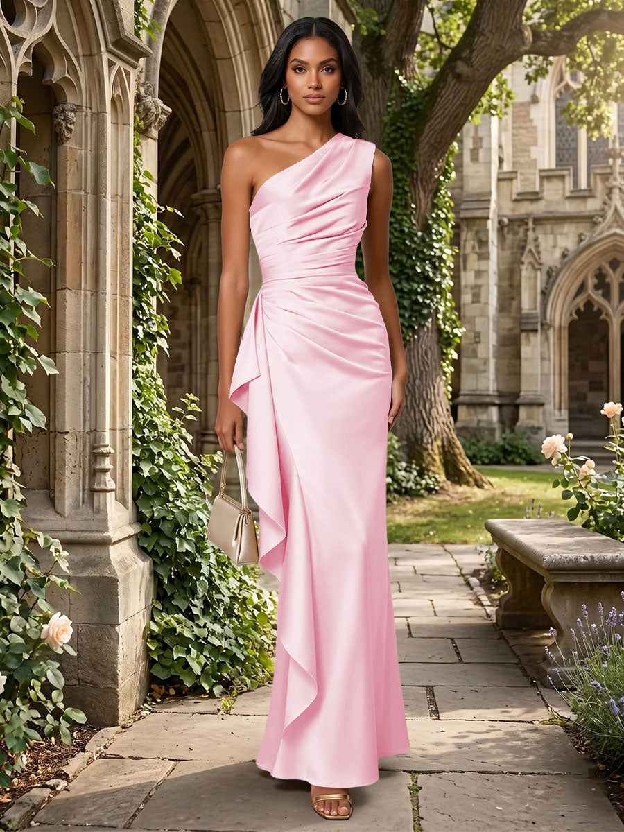 Satin Mermaid One Shoulder Ruffles Ruched Formal Dresses