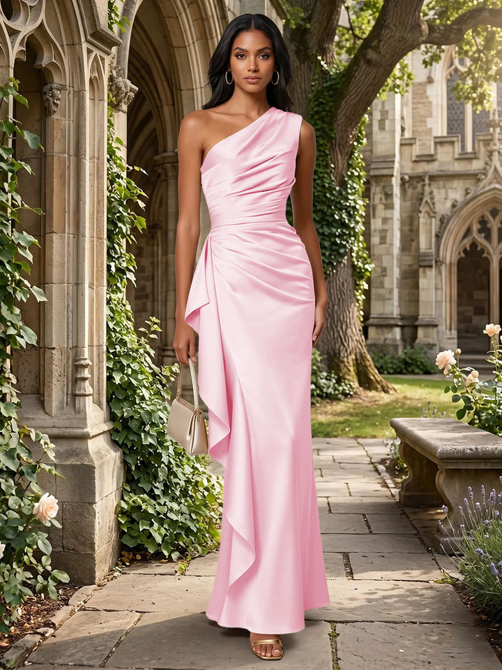 Satin Mermaid One Shoulder Ruffles Ruched Formal Dresses