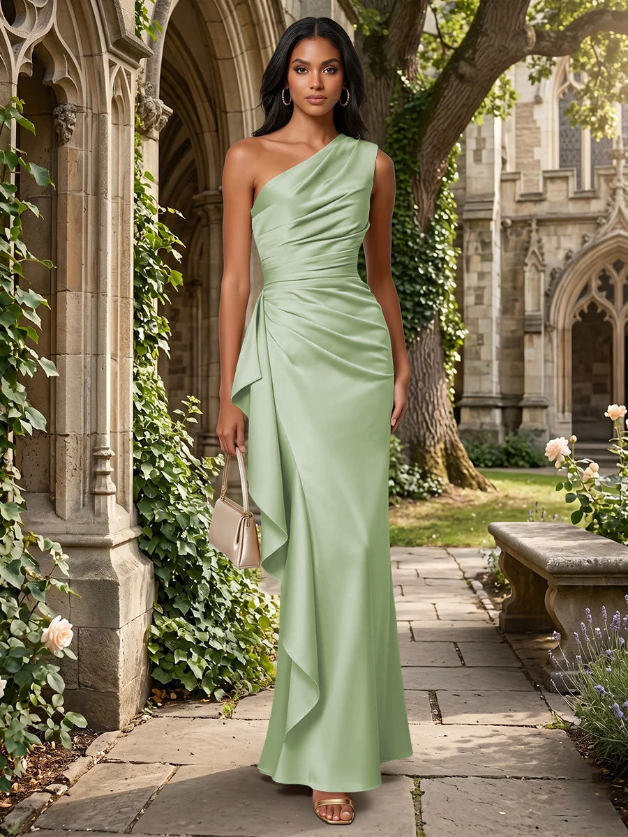Satin Mermaid One Shoulder Ruffles Ruched Formal Dresses