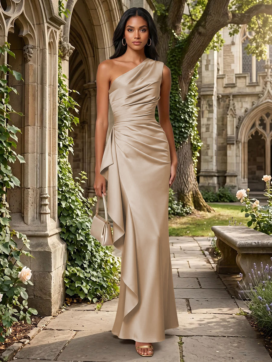 Satin Mermaid One Shoulder Ruffles Ruched Formal Dresses