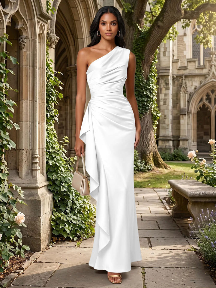 Satin Mermaid One Shoulder Ruffles Ruched Formal Dresses