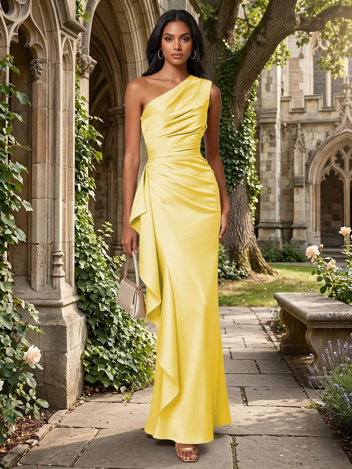 Satin Mermaid One Shoulder Ruffles Ruched Formal Dresses