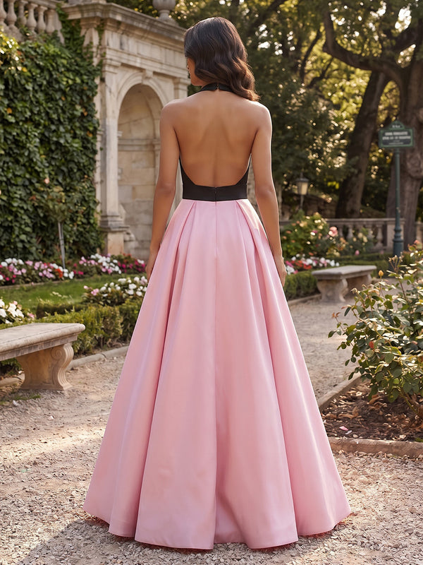 Satin A Line V Neck Pocket Pleats Formal Dresses