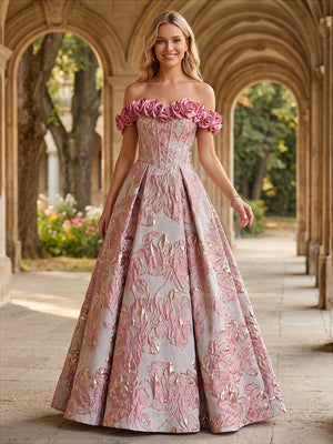 Jacquard A Line Off the Shoulder 3D Flowers Pleats Evening Dresses