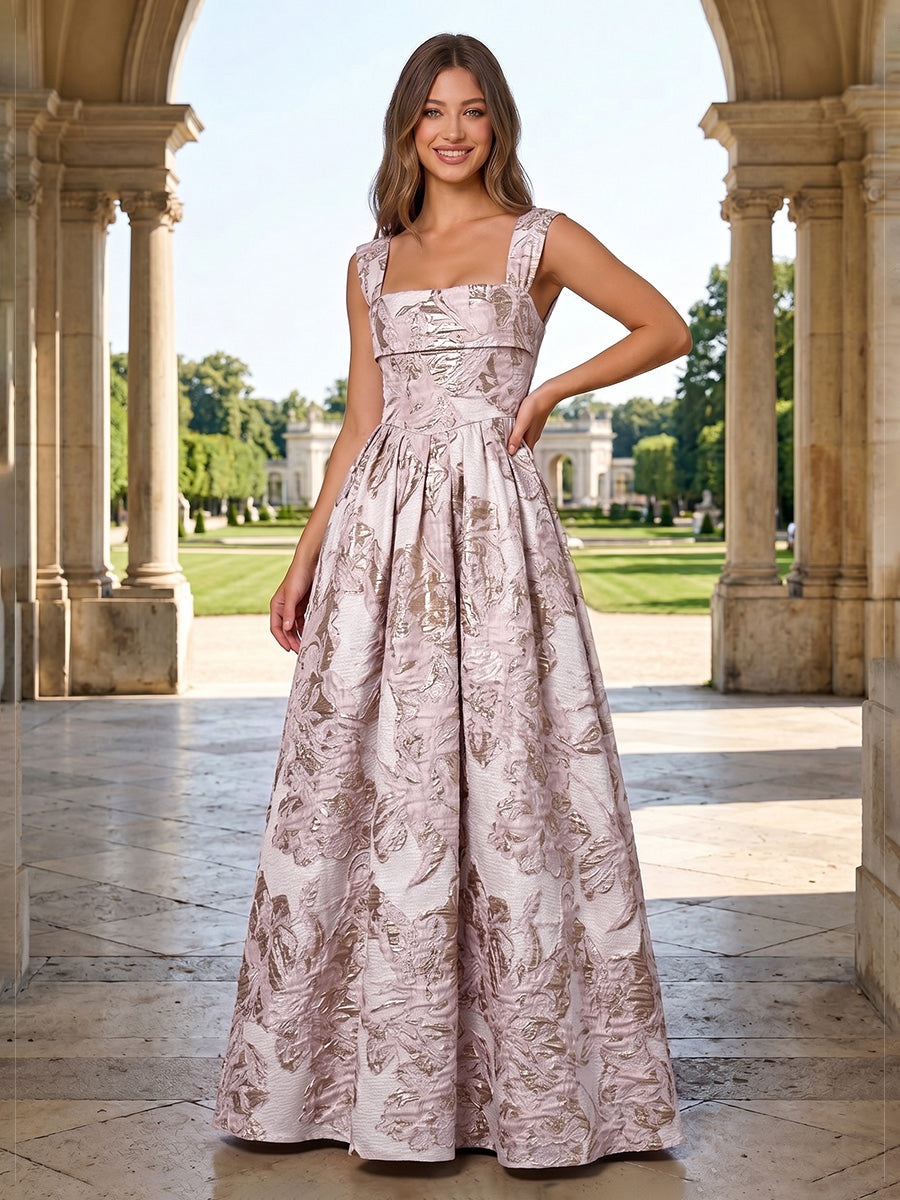 Jacquard A Line Square Neck Pleats Corset Evening Dresses
