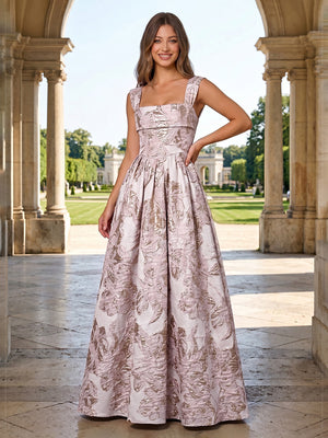 Jacquard A Line Square Neck Pleats Corset Evening Dresses