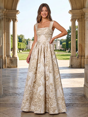 Jacquard A Line Square Neck Pleats Corset Evening Dresses