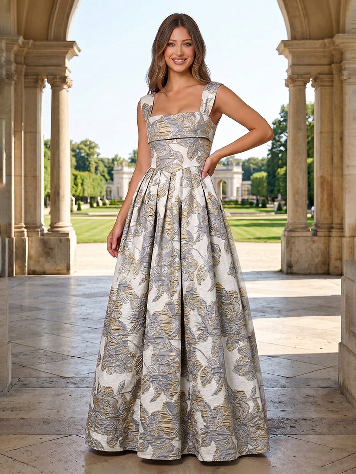 Jacquard A Line Square Neck Pleats Corset Evening Dresses