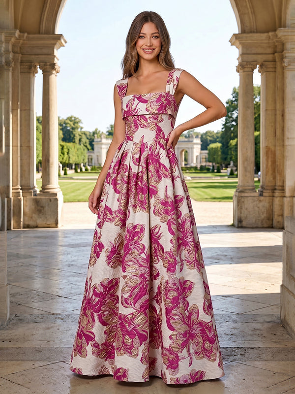 Jacquard A Line Square Neck Pleats Corset Evening Dresses