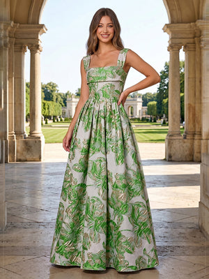 Jacquard A Line Square Neck Pleats Corset Evening Dresses