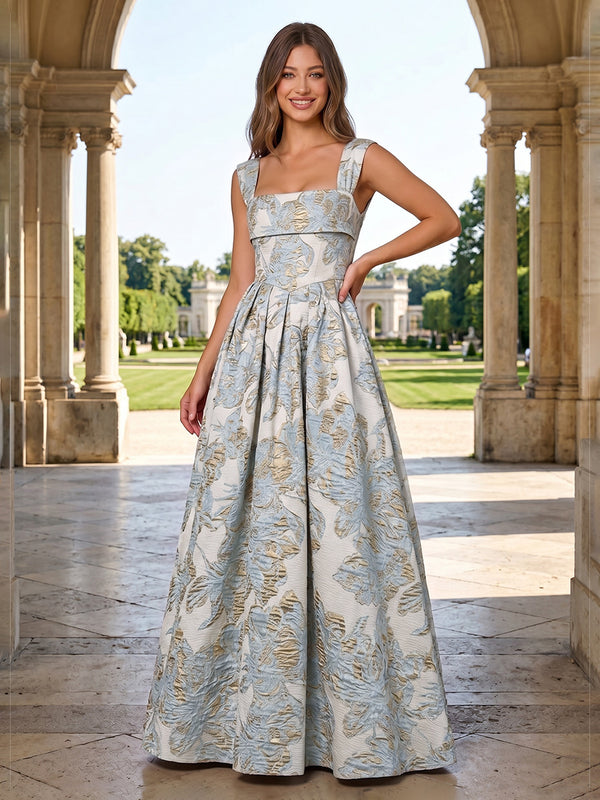 Jacquard A Line Square Neck Pleats Corset Evening Dresses