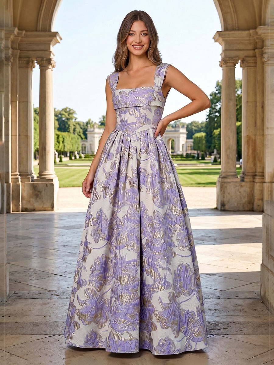 Jacquard A Line Square Neck Pleats Corset Evening Dresses