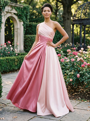 Satin A Line One Shoulder Pleats Ruched Evening Dresses