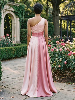 Satin A Line One Shoulder Pleats Ruched Evening Dresses