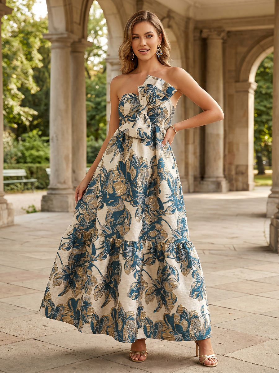 Jacquard A Line Strapless Bow Corset Formal Dresses