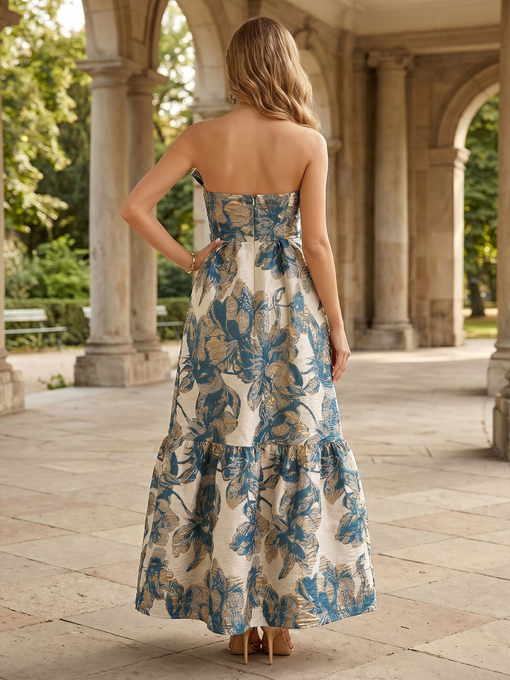 Jacquard A Line Strapless Bow Corset Evening Dresses