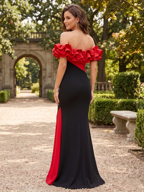 Stretch Mesh A Line Off the Shoulder Ruffles Slit Evening Dresses