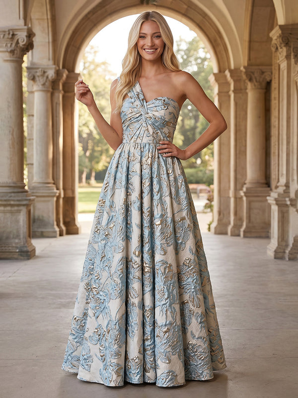 Jacquard A Line One Shoulder Pleats Ruched Evening Dresses