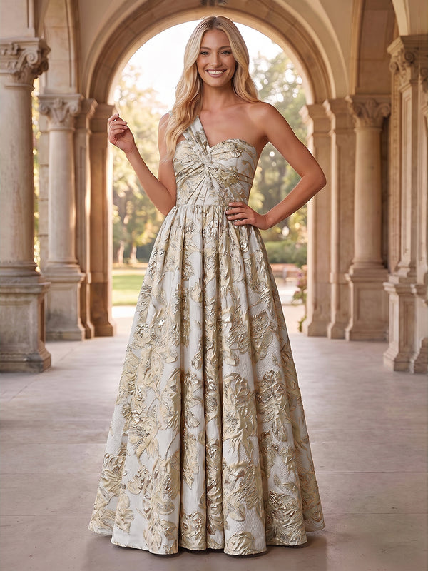Jacquard A Line One Shoulder Pleats Ruched Evening Dresses