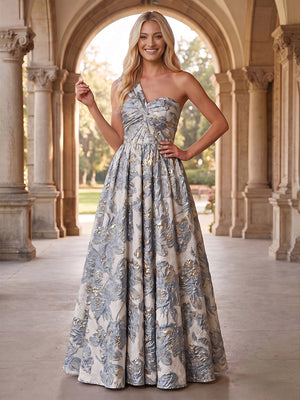 Jacquard A Line One Shoulder Pleats Ruched Evening Dresses