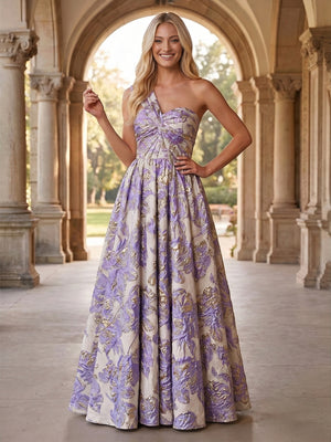 Jacquard A Line One Shoulder Pleats Ruched Evening Dresses