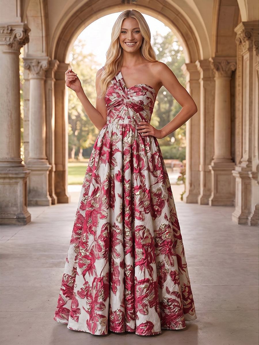 Jacquard A Line One Shoulder Pleats Ruched Evening Dresses