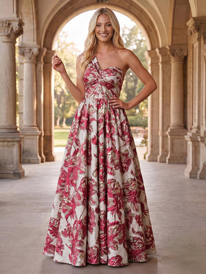 Jacquard A Line One Shoulder Pleats Ruched Evening Dresses