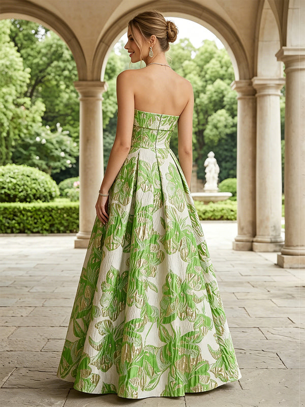 Jacquard A Line Strapless Corset Pleats Evening Dresses