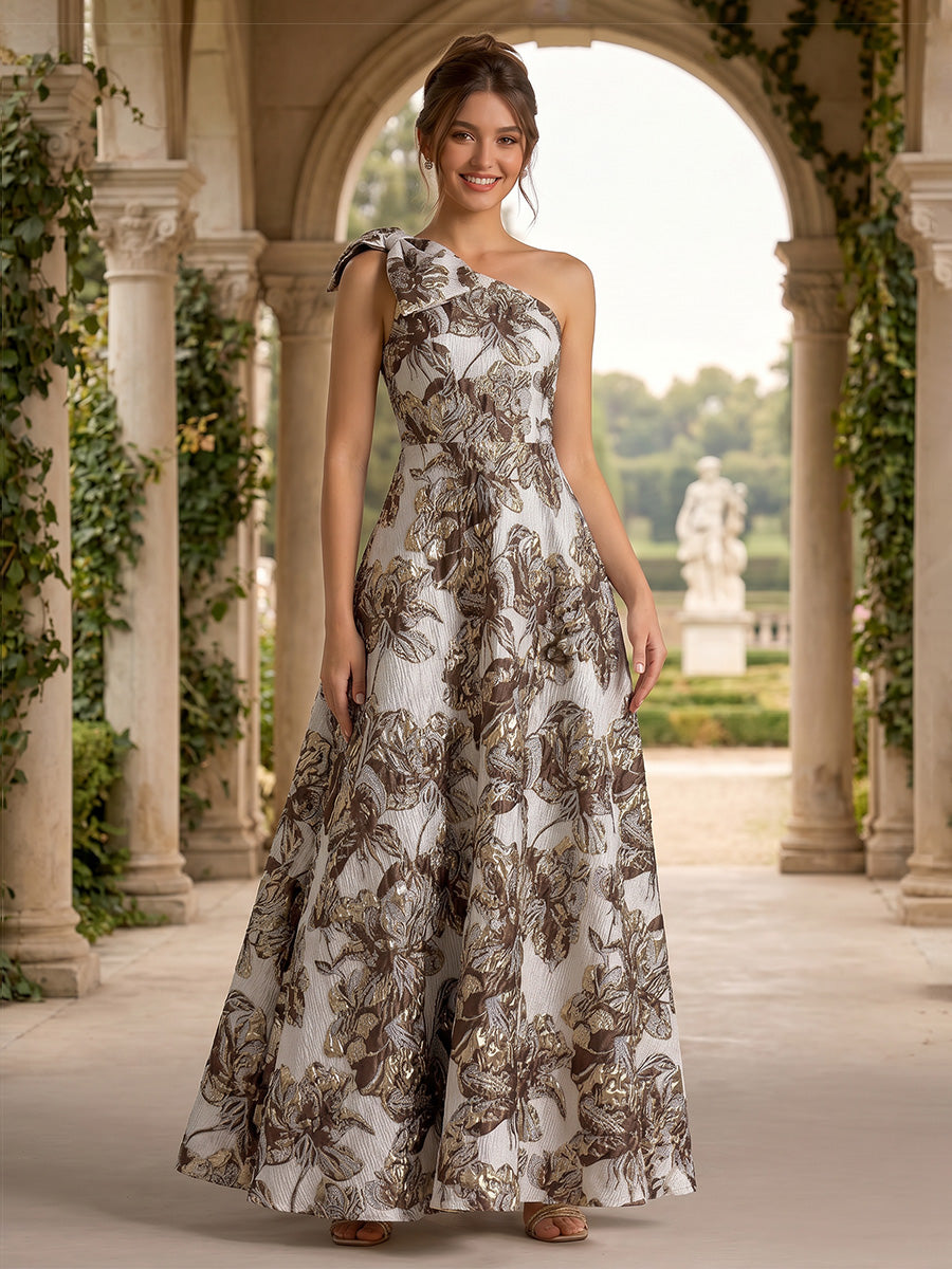 Jacquard A Line One Shoulder Pleats Bow Evening Dresses