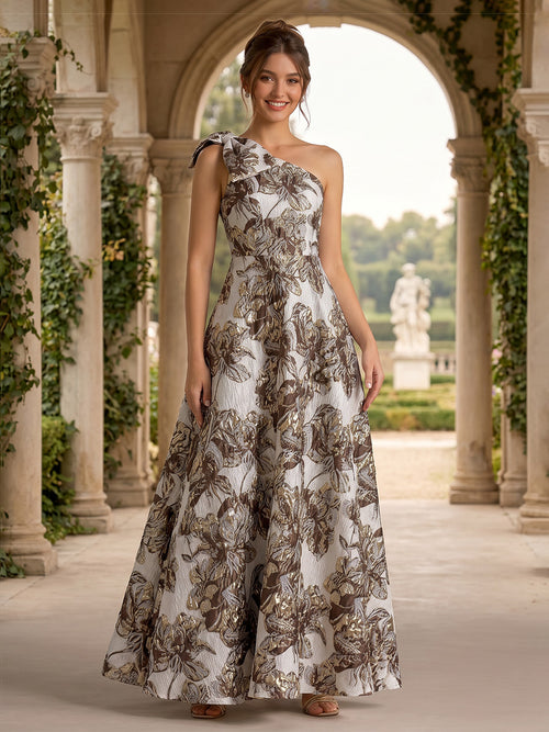 Jacquard A Line One Shoulder Pleats Bow Evening Dresses