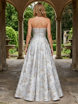 Jacquard A Line Strapless Pleats Corset Evening Dresses