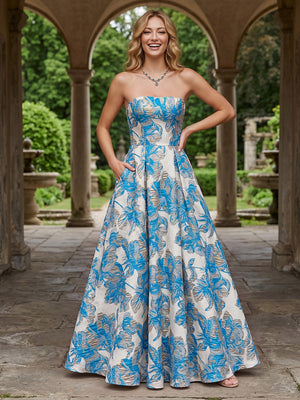 Jacquard A Line Strapless Pleats Corset Evening Dresses