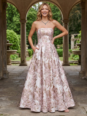 Jacquard A Line Strapless Pleats Corset Evening Dresses