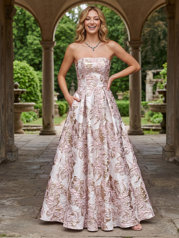 Jacquard A Line Strapless Pleats Corset Evening Dresses