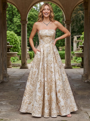 Jacquard A Line Strapless Pleats Corset Evening Dresses
