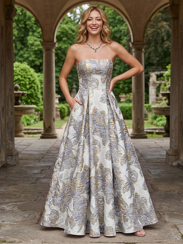 Jacquard A Line Strapless Pleats Corset Evening Dresses