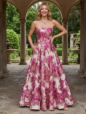 Jacquard A Line Strapless Pleats Corset Evening Dresses