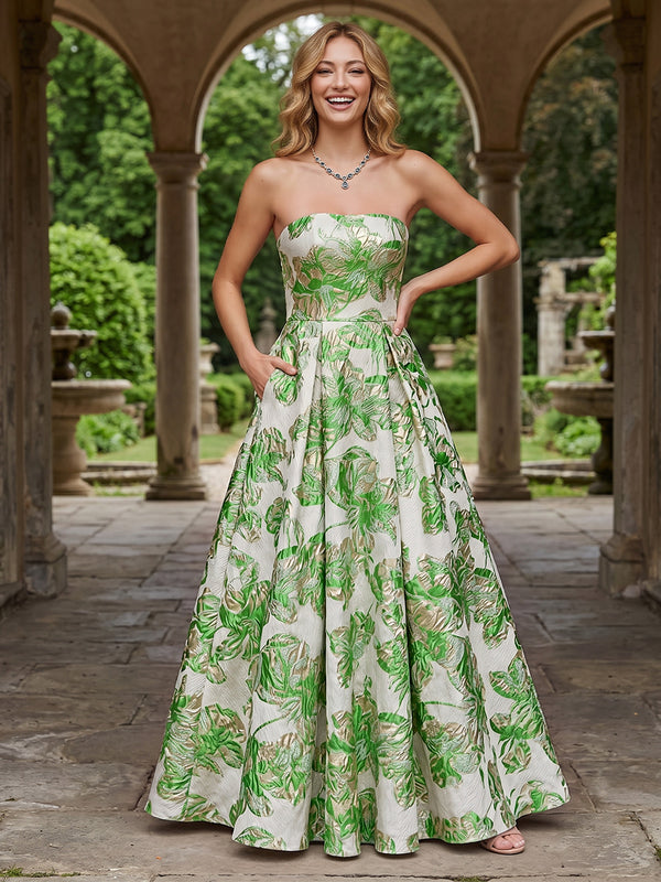 Jacquard A Line Strapless Pleats Corset Evening Dresses