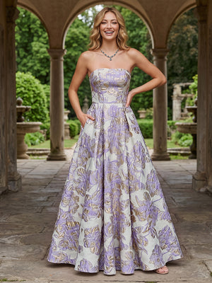 Jacquard A Line Strapless Pleats Corset Evening Dresses