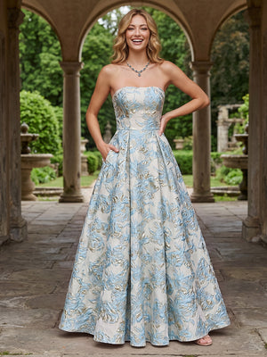 Jacquard A Line Strapless Pleats Corset Evening Dresses