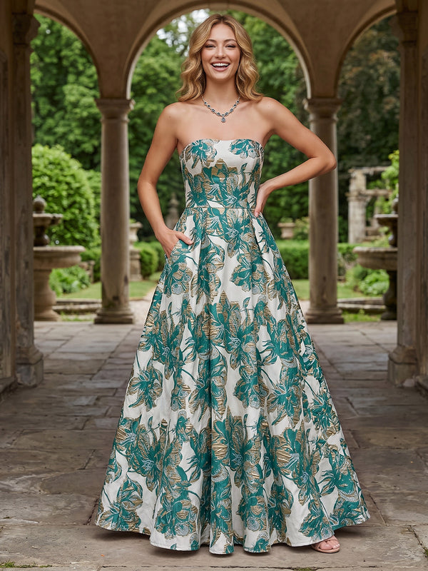 Jacquard A Line Strapless Pleats Corset Evening Dresses