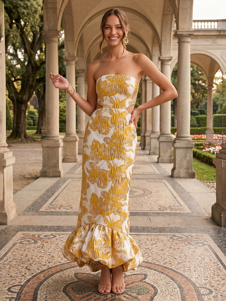 Jacquard Mermaid Strapless Cut Out Ruffles Evening Dresses