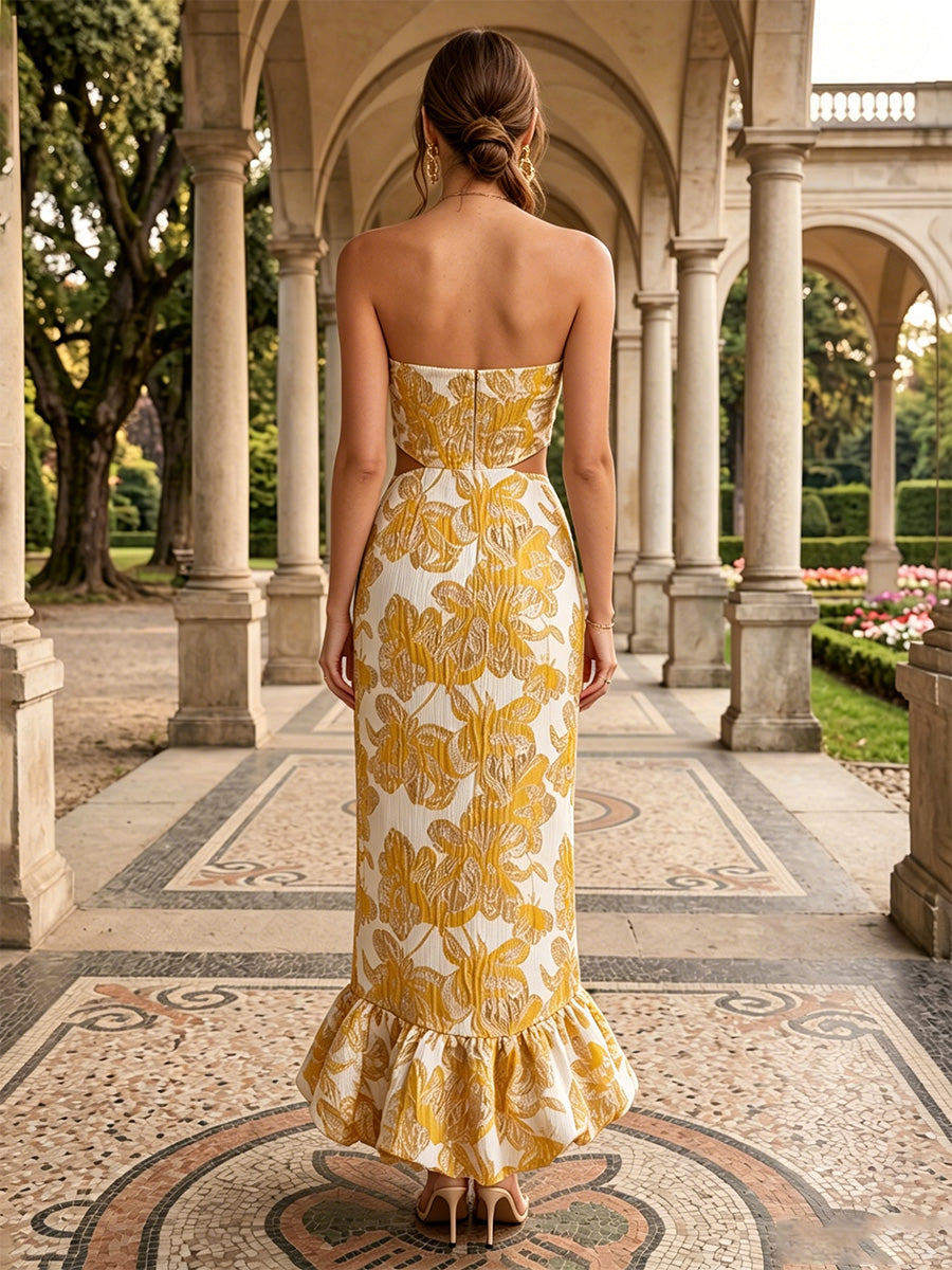 Jacquard Mermaid Strapless Cut Out Ruffles Evening Dresses