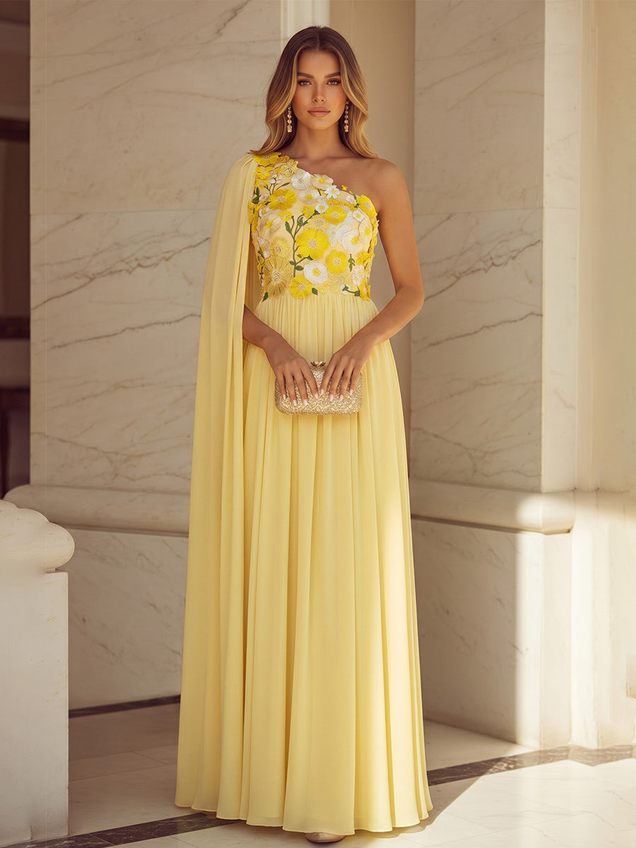 Chiffon A Line One Shoulder Ruffles Pleats Formal Dresses