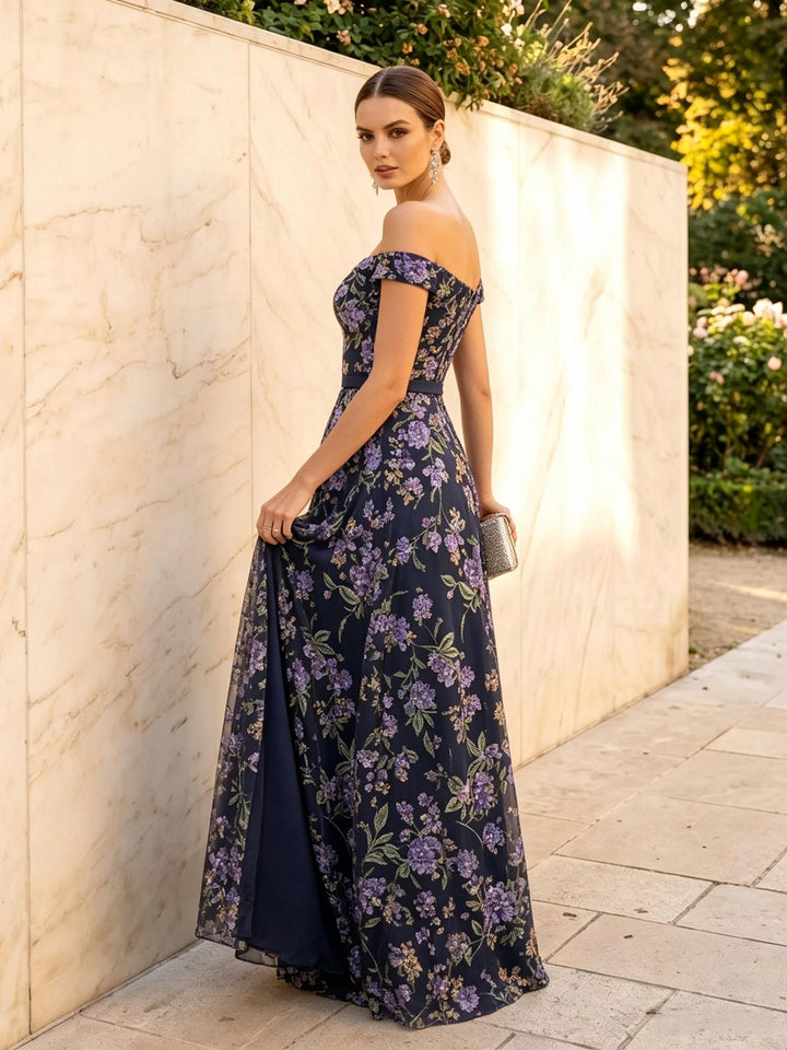 Sequin Floral A Line Off the Shoulder Slit Corset Formal Dresses